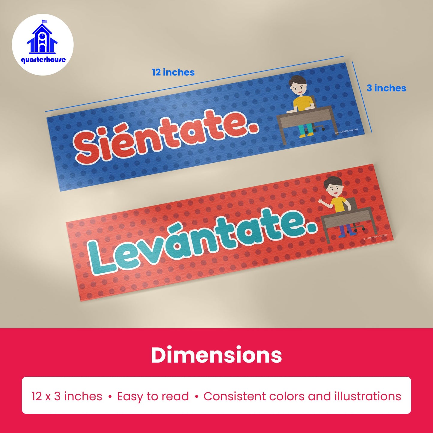 Quarterhouse Spanish Classroom Phrases and Commands Label Set, Spanish - ESL Classroom Learning Materials for K-12 Students and Teachers, Set of 18, 12 x 3 Inches, Extra Durable