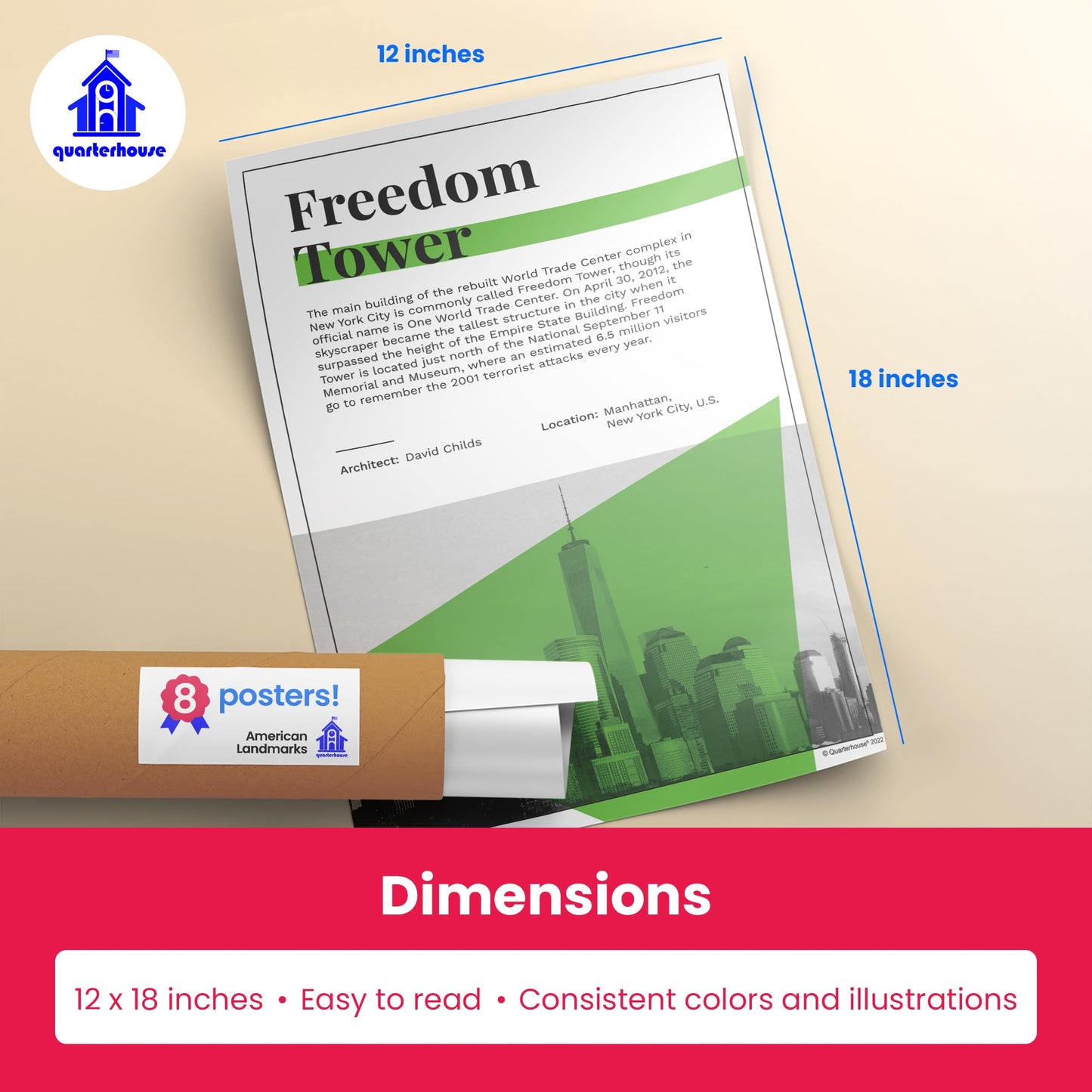 Quarterhouse American Landmarks Poster Set, Social Studies Classroom Learning Materials for K-12 Students and Teachers, Set of 8, 12 x 18 Inches, Extra Durable