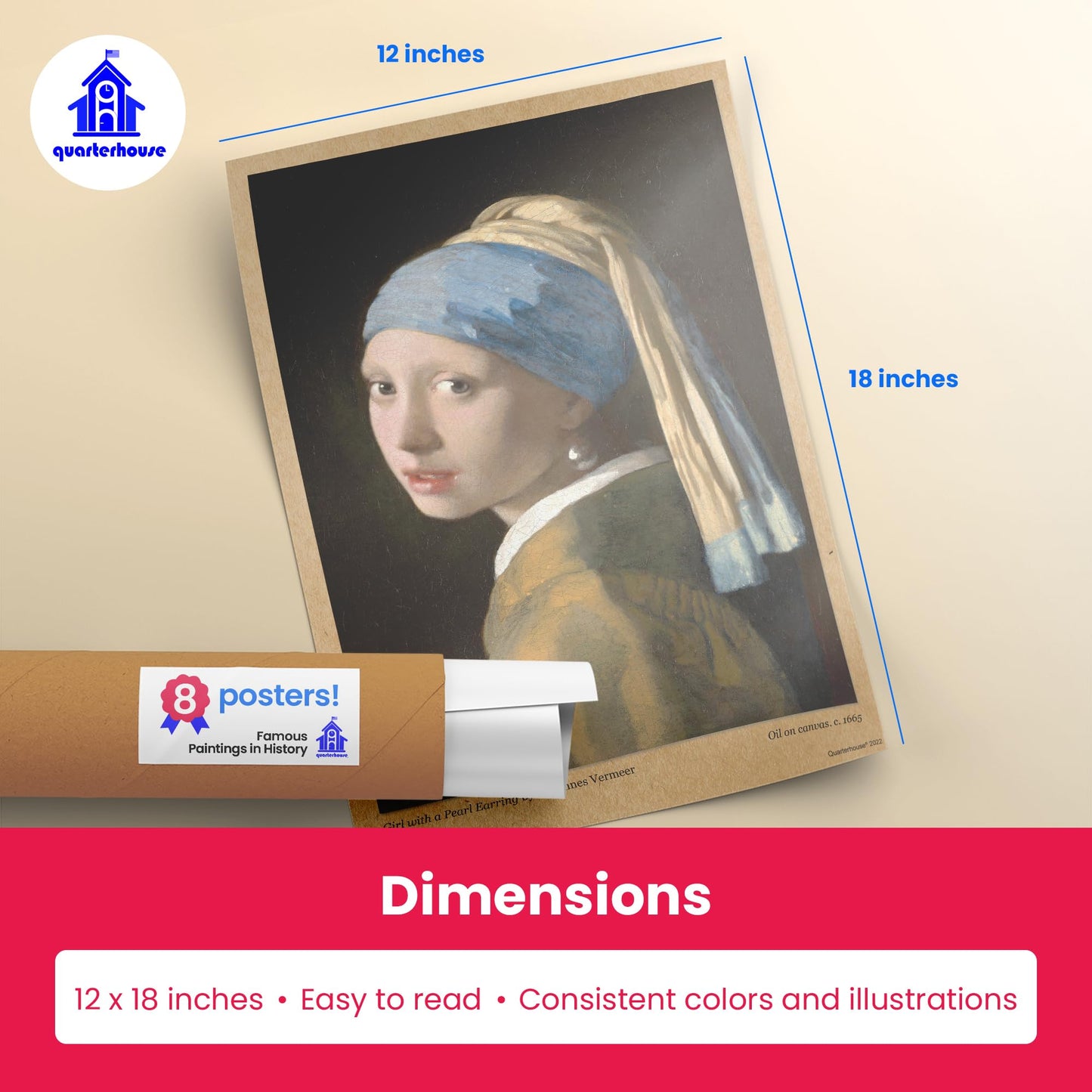 Quarterhouse Famous Paintings in History Poster Set, Art Classroom Learning Materials for K-12 Students and Teachers, Set of 9, 12 x 18 Inches, Extra Durable