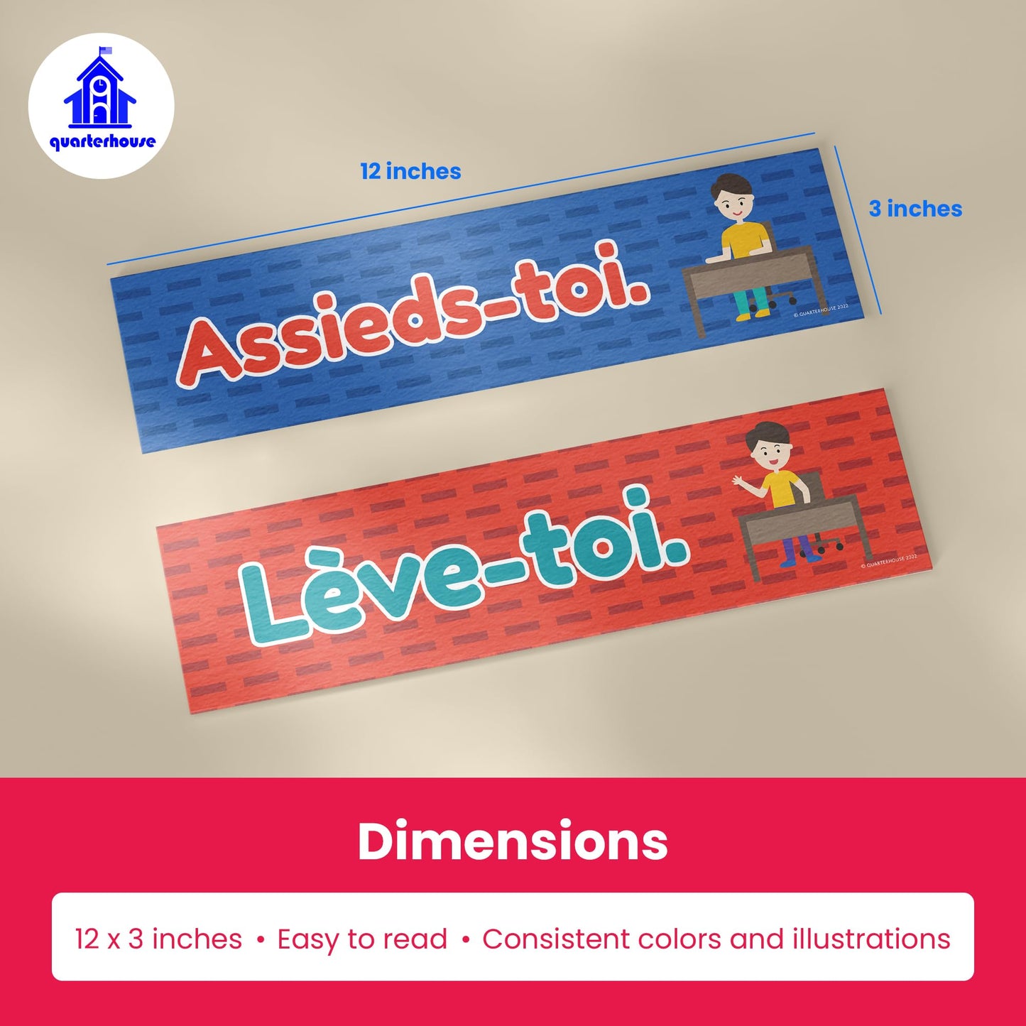 Quarterhouse French Classroom Phrases and Commands Label Set, French - ESL Classroom Learning Materials for K-12 Students and Teachers, Set of 18, 12 x 3 Inches, Extra Durable