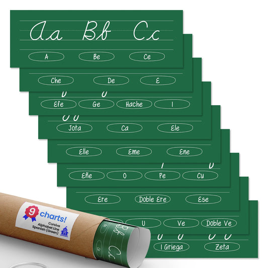 Quarterhouse Cursive Alphabet Line for Classroom Wall - Spanish (Green) Poster Set, Spanish Classroom Learning Materials for K-12 Students and Teachers, Set of 9, 12 x 18 Inches, Extra Durable