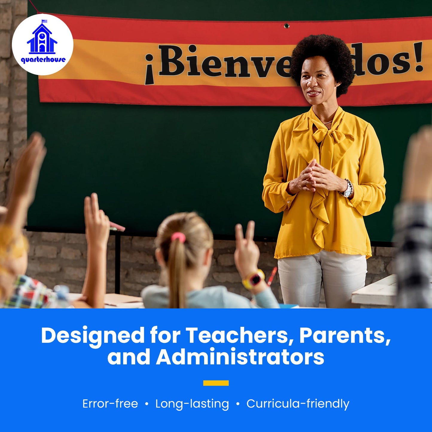 Quarterhouse Bienvenidos Welcome Banner for Spanish Classrooms, Businesses, & Special Events - Spanish Flag (Yellow & Red) Background - Polyester, 60 x 10 Inches