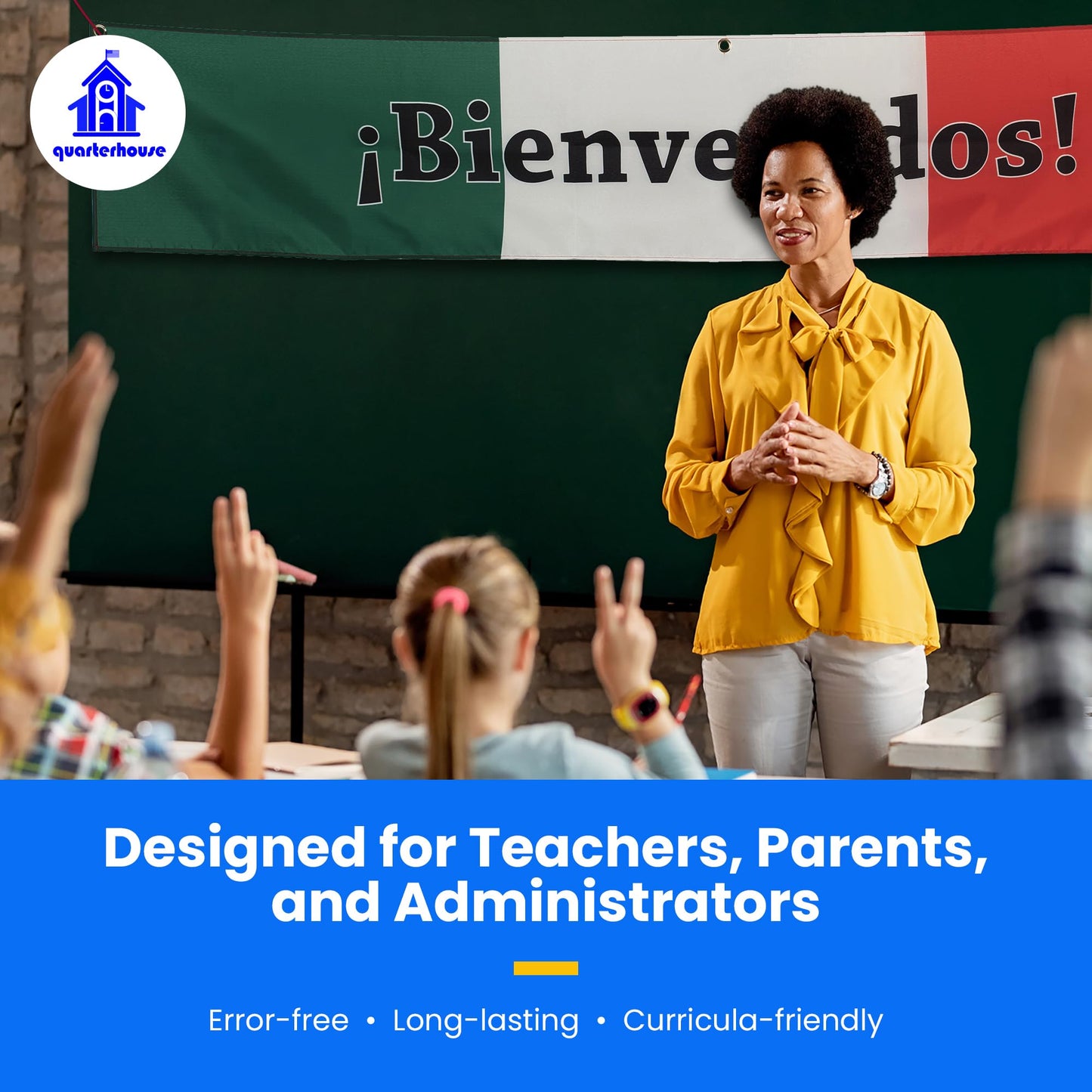 Quarterhouse Bienvenidos Welcome Banner for Spanish Classrooms, Businesses, & Special Events - Mexican Flag (Green, White, & Red) Background - Polyester, 60 x 10 Inches
