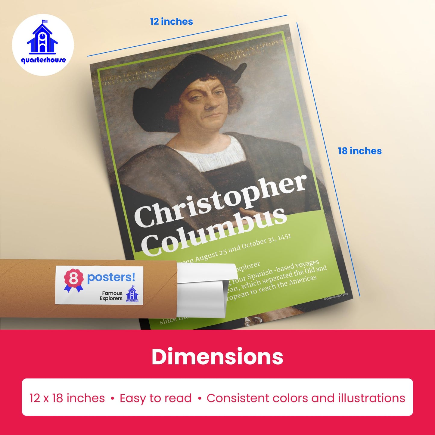 Quarterhouse Famous Explorers Poster Set, Social Studies Classroom Learning Materials for K-12 Students and Teachers, Set of 7, 12 x 18 Inches, Extra Durable