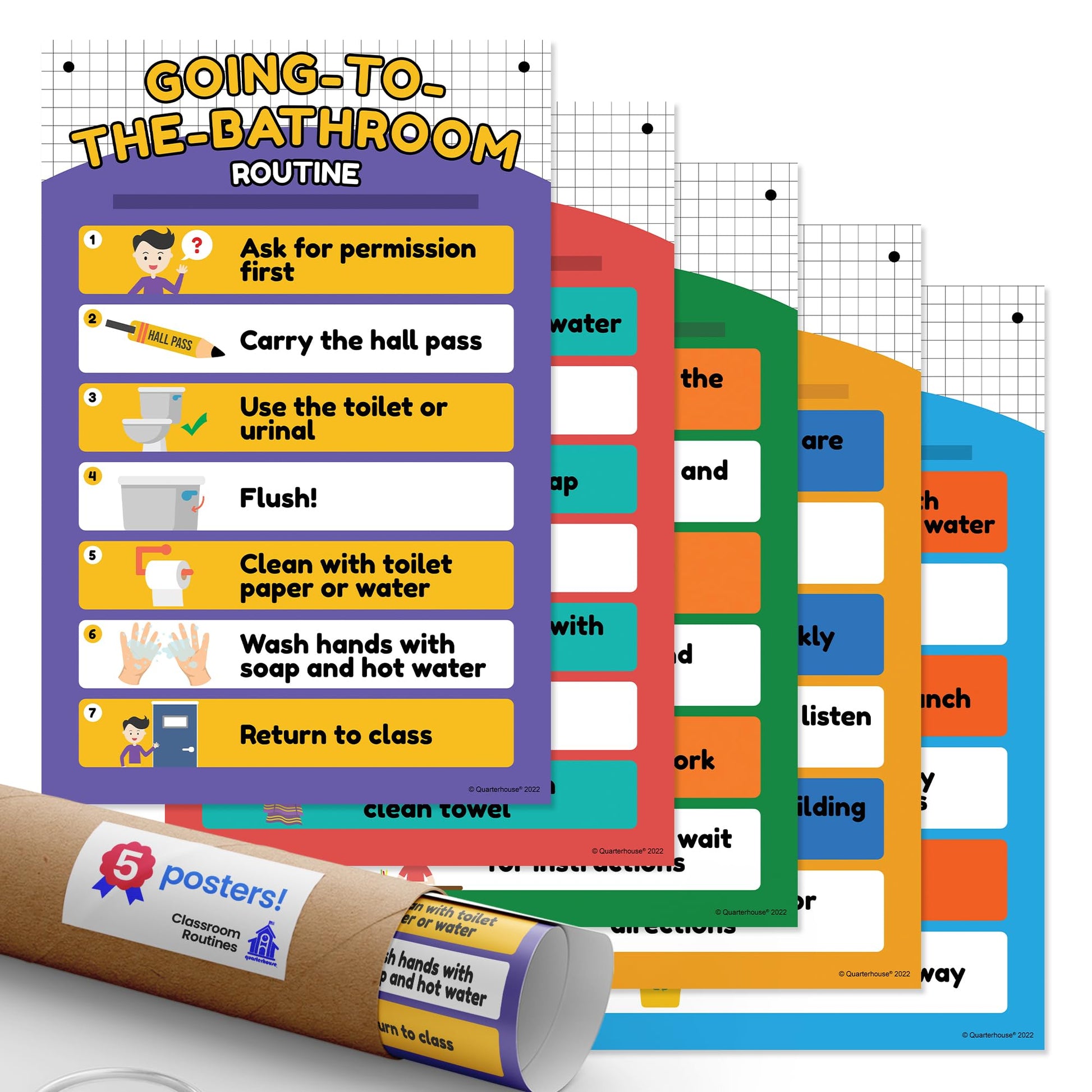 Quarterhouse Classroom Routines Poster Set, Elementary Classroom Learning Materials for K-12 Students and Teachers, Set of 5, 12 x 18 Inches, Extra Durable