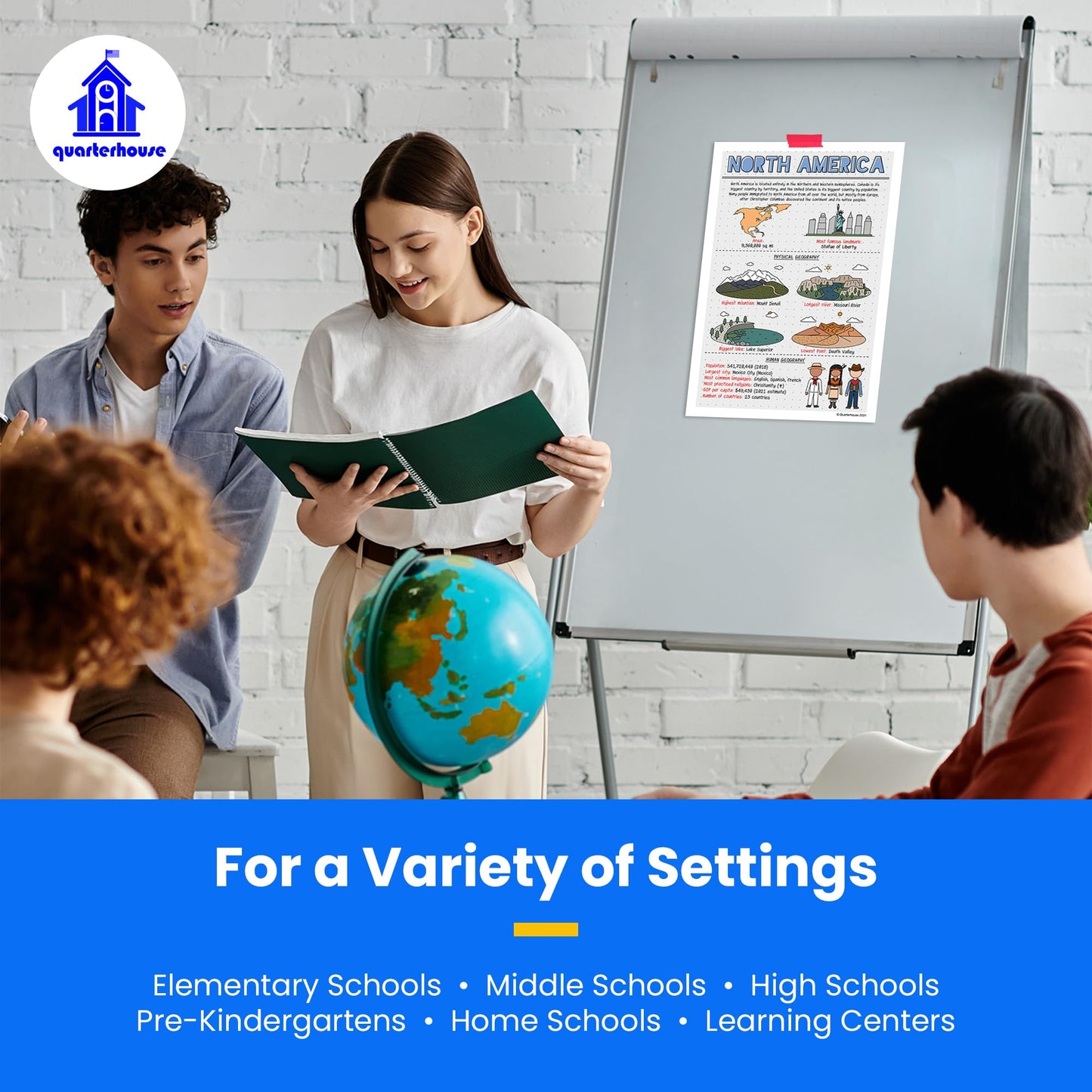 Quarterhouse Seven Continents Physical and Human Geography Poster Set, Social Studies Classroom Learning Materials for K-12 Students and Teachers, Set of 7, 12 x 18 Inches, Extra Durable