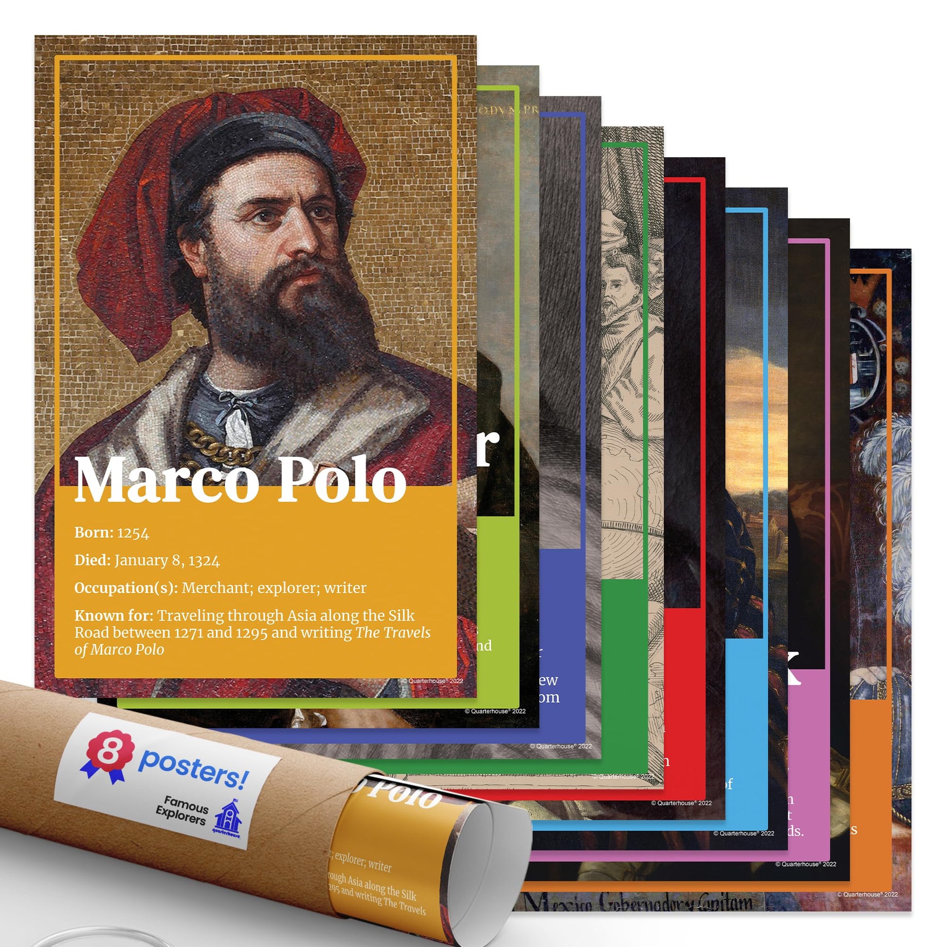 Quarterhouse Famous Explorers Poster Set, Social Studies Classroom Learning Materials for K-12 Students and Teachers, Set of 7, 12 x 18 Inches, Extra Durable