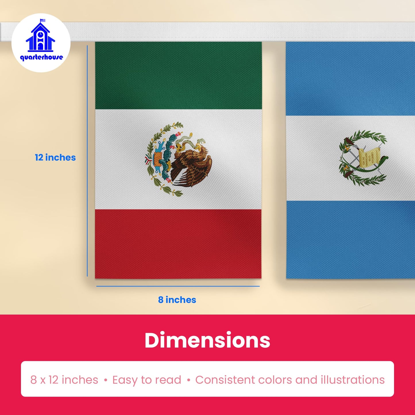 Quarterhouse Spanish Language Country Flags for the Classroom - 18 Latin American Countries Plus Spain, Puerto Rico, and Equatorial Guinea - 21 Flags Per String - Polyester, 8 x 12 Inches