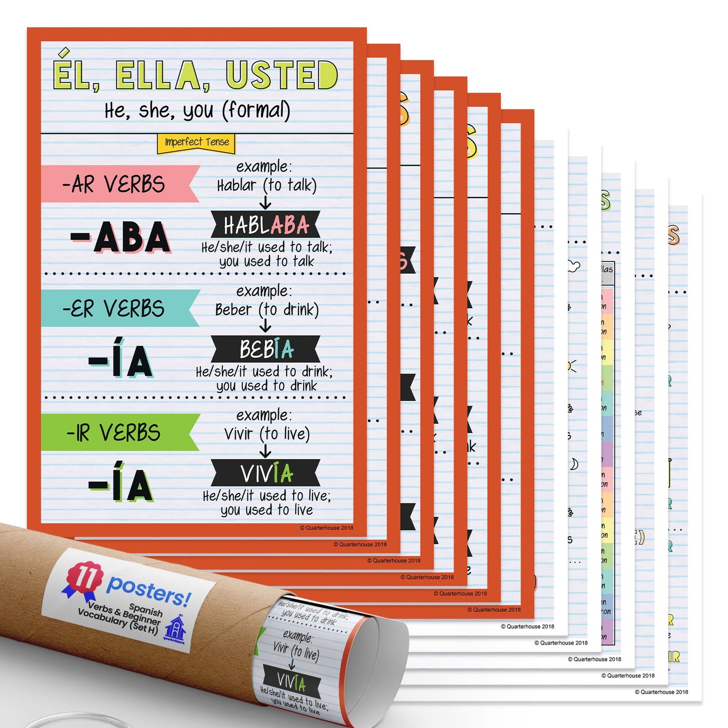 Quarterhouse Spanish Verbs & Beginner Vocabulary (Set H) Poster Set, Spanish Classroom Learning Materials for K-12 Students and Teachers, Set of 11, 12 x 18 Inches, Extra Durable