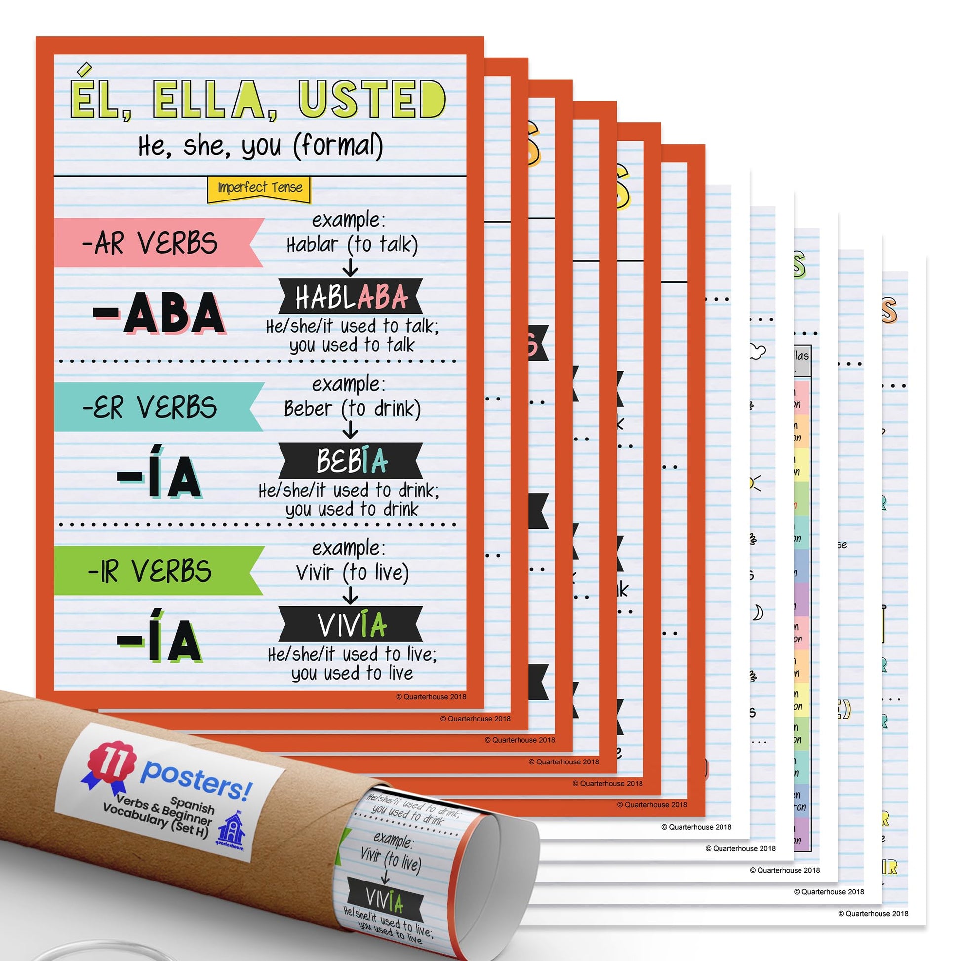 Quarterhouse Spanish Verbs & Beginner Vocabulary (Set H) Poster Set, Spanish Classroom Learning Materials for K-12 Students and Teachers, Set of 11, 12 x 18 Inches, Extra Durable