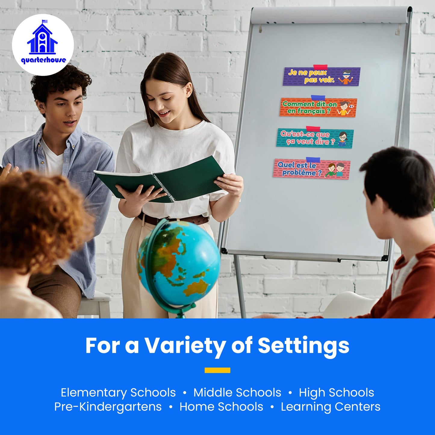 Quarterhouse French Classroom Phrases and Commands Label Set, French - ESL Classroom Learning Materials for K-12 Students and Teachers, Set of 18, 12 x 3 Inches, Extra Durable