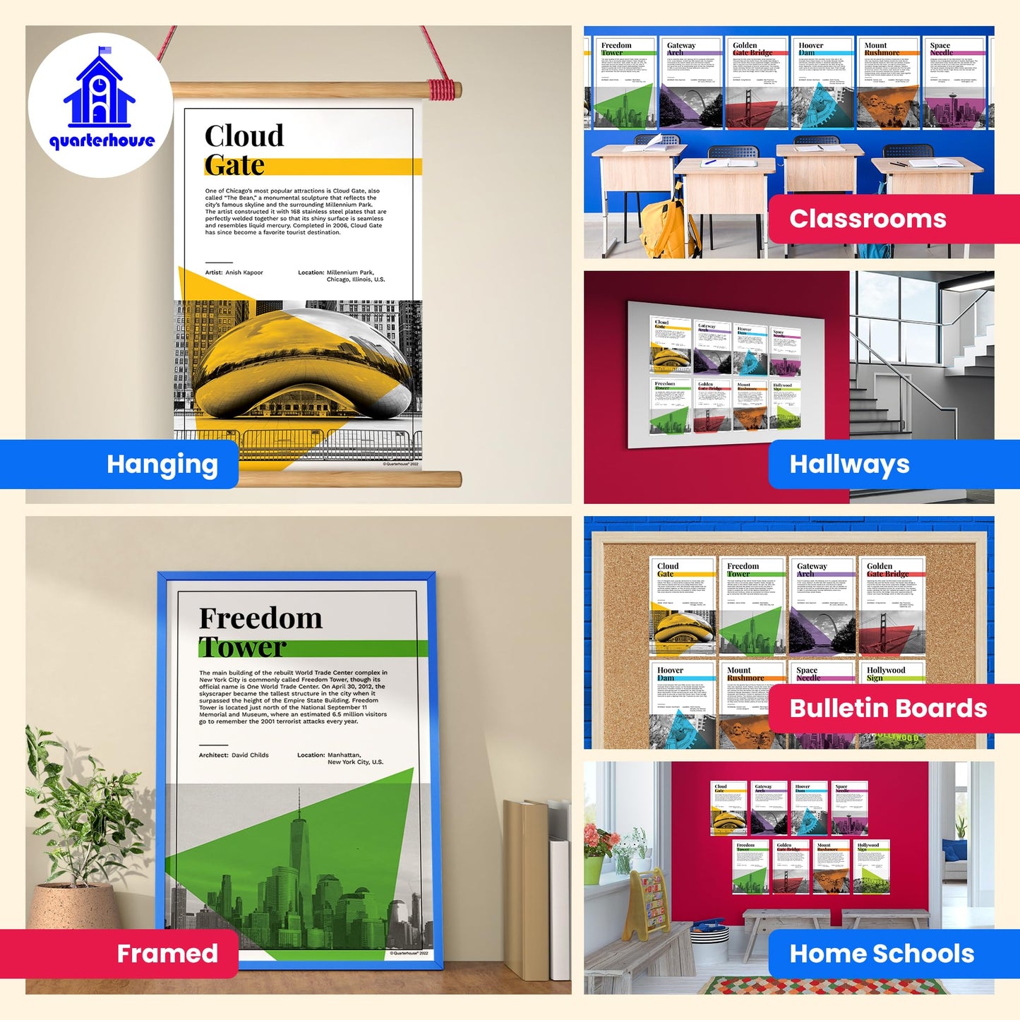 Quarterhouse American Landmarks Poster Set, Social Studies Classroom Learning Materials for K-12 Students and Teachers, Set of 8, 12 x 18 Inches, Extra Durable