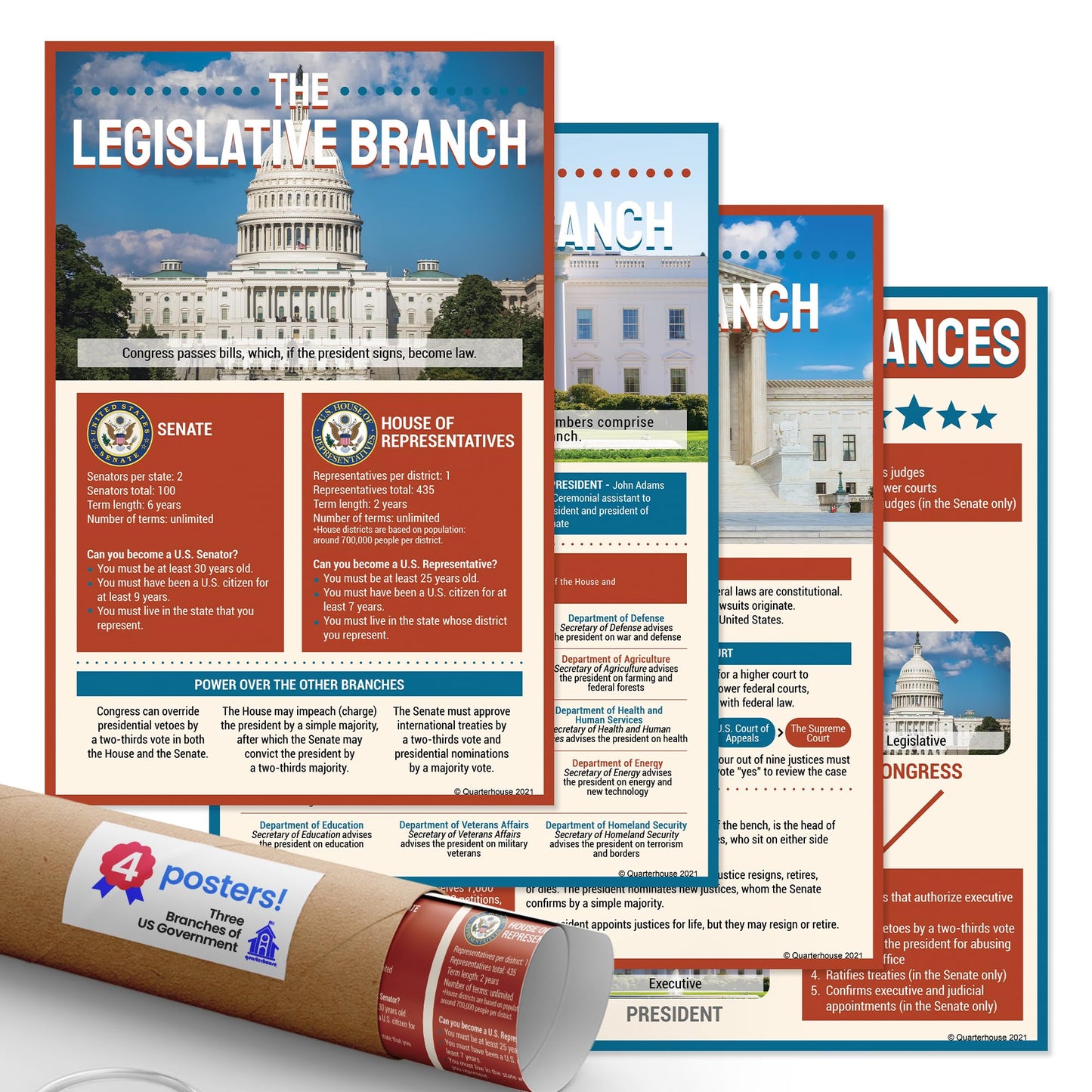 Quarterhouse Three Branches of US Government: Checks and Balances Poster Set, Social Studies Classroom Learning Materials for K-12 Students and Teachers, Set of 4, 12 x 18 Inches, Extra Durable