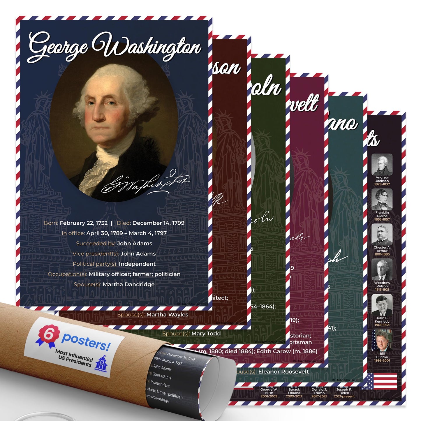 Quarterhouse Most Influential US Presidents Poster Set, Social Studies Classroom Learning Materials for K-12 Students and Teachers, Set of 6, 12 x 18 Inches, Extra Durable
