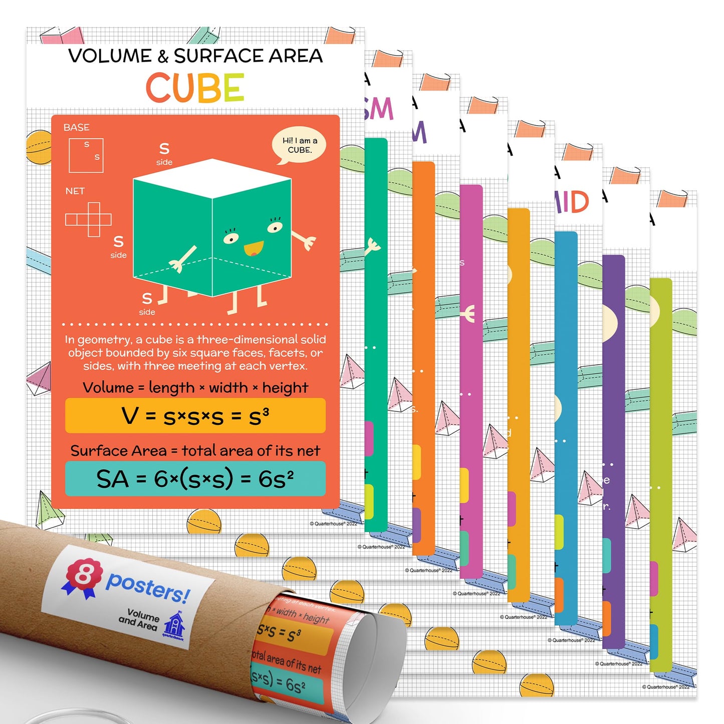 Quarterhouse Volume and Area Poster Set, Math Classroom Learning Materials for K-12 Students and Teachers, Set of 8, 12 x 18 Inches, Extra Durable