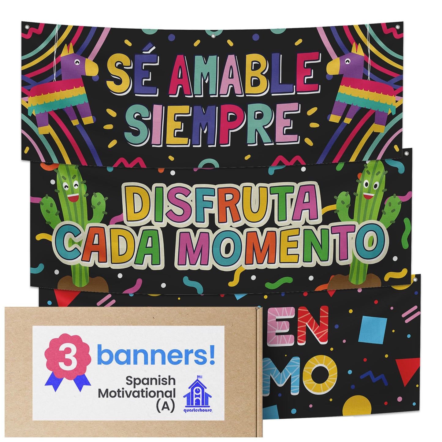 Quarterhouse Spanish Motivational (A) Banner Set, Spanish - ESL Classroom Learning Materials for K-12 Students and Teachers, Set of 3, 39 x 13.5 Inches, Extra Durable