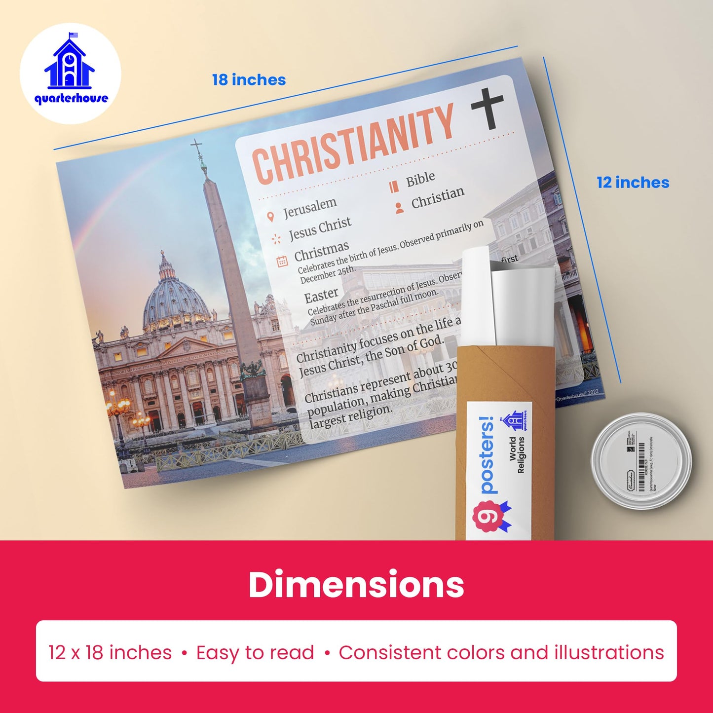 Quarterhouse World Religions Poster Set, Social Studies Classroom Learning Materials for K-12 Students and Teachers, Set of 9, 12 x 18 Inches, Extra Durable