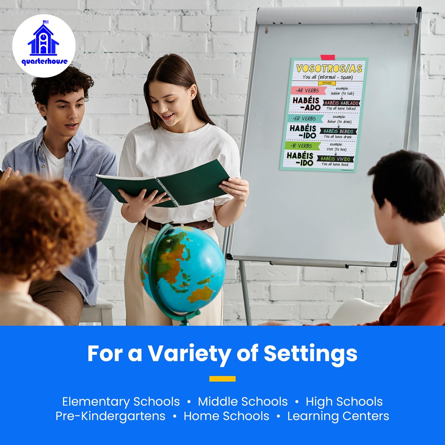 Quarterhouse Spanish Verbs & Beginner Vocabulary (Set F) Poster Set, Spanish Classroom Learning Materials for K-12 Students and Teachers, Set of 11, 12 x 18 Inches, Extra Durable