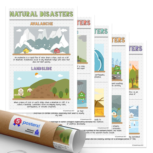 Quarterhouse Natural Disasters Poster Set, Science Classroom Learning Materials for K-12 Students and Teachers, Set of 5, 12 x 18 Inches, Extra Durable