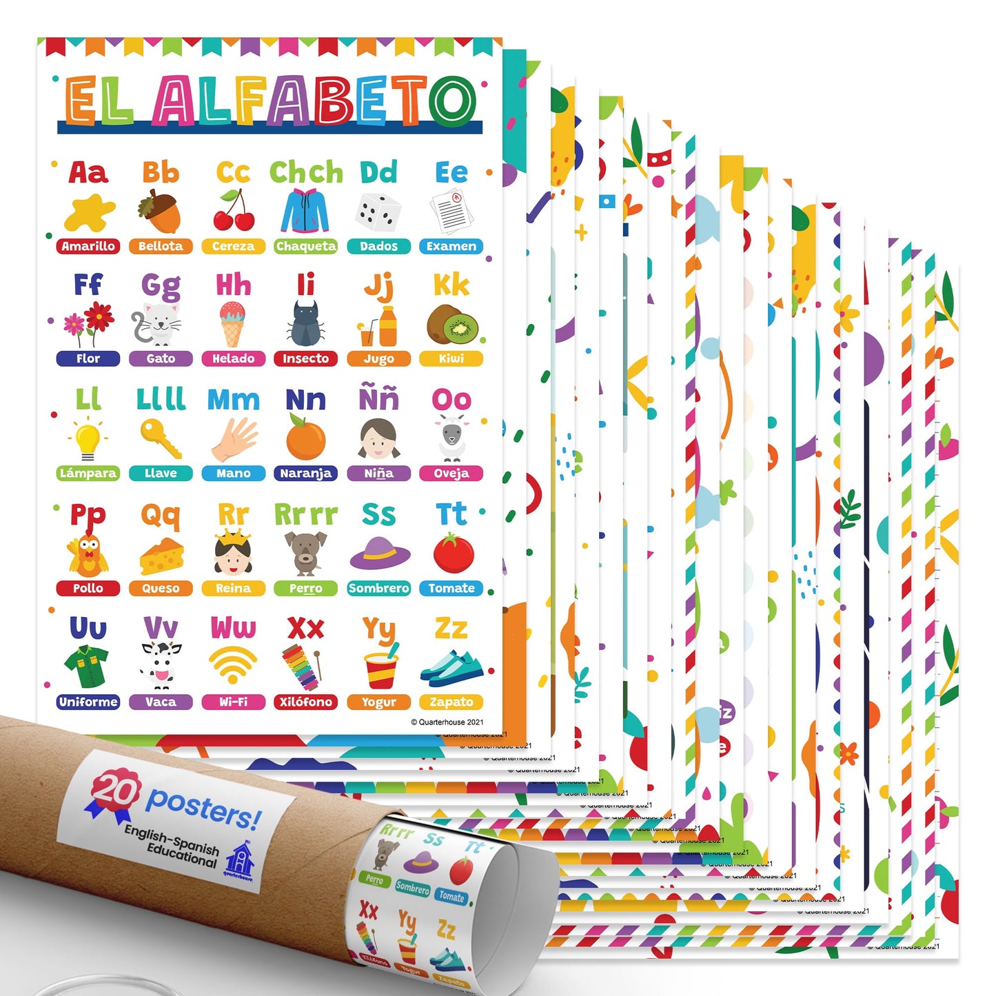 Quarterhouse Extreme Value 20 Large English-Spanish Educational Posters, Learning Materials for Toddlers and Kids, Double-Sided, 12x18, Includes Days, Months, ABCs, Numbers, and Colors