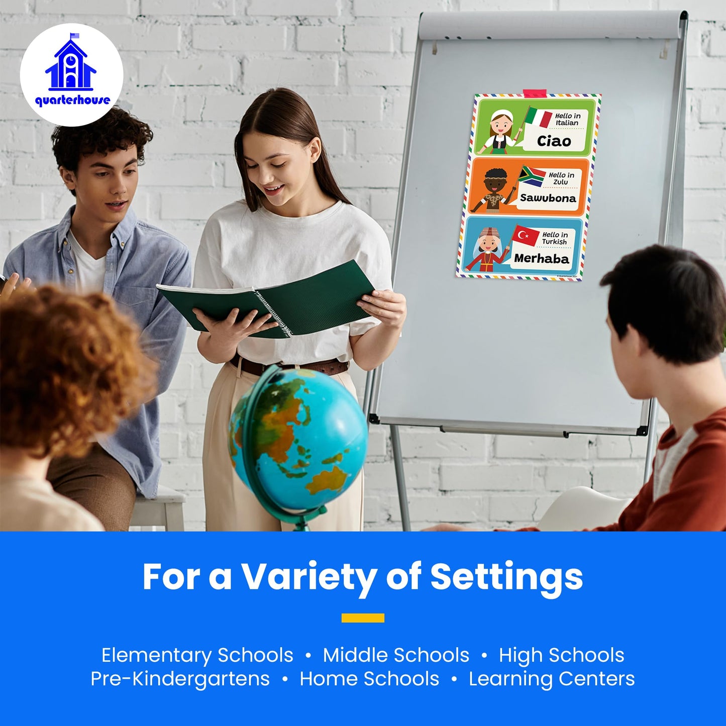 Quarterhouse Hello in 21 Languages Poster Set, Foreign Language - ESL Classroom Learning Materials for K-12 Students and Teachers, Set of 7, 12 x 18 Inches, Extra Durable