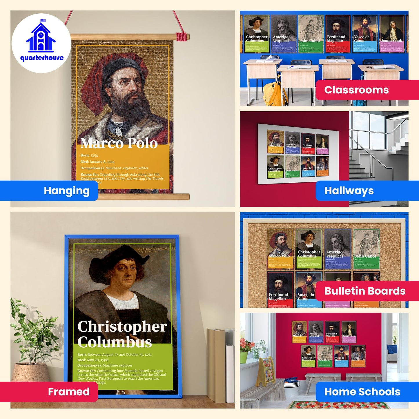 Quarterhouse Famous Explorers Poster Set, Social Studies Classroom Learning Materials for K-12 Students and Teachers, Set of 7, 12 x 18 Inches, Extra Durable