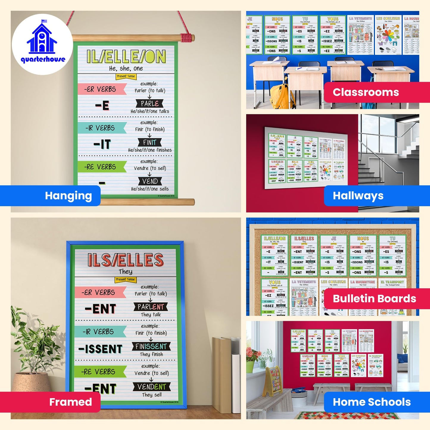 Quarterhouse French Verbs & Beginner Vocabulary (Set A) Poster Set, French Classroom Learning Materials for K-12 Students and Teachers, Set of 11, 12 x 18 Inches, Extra Durable