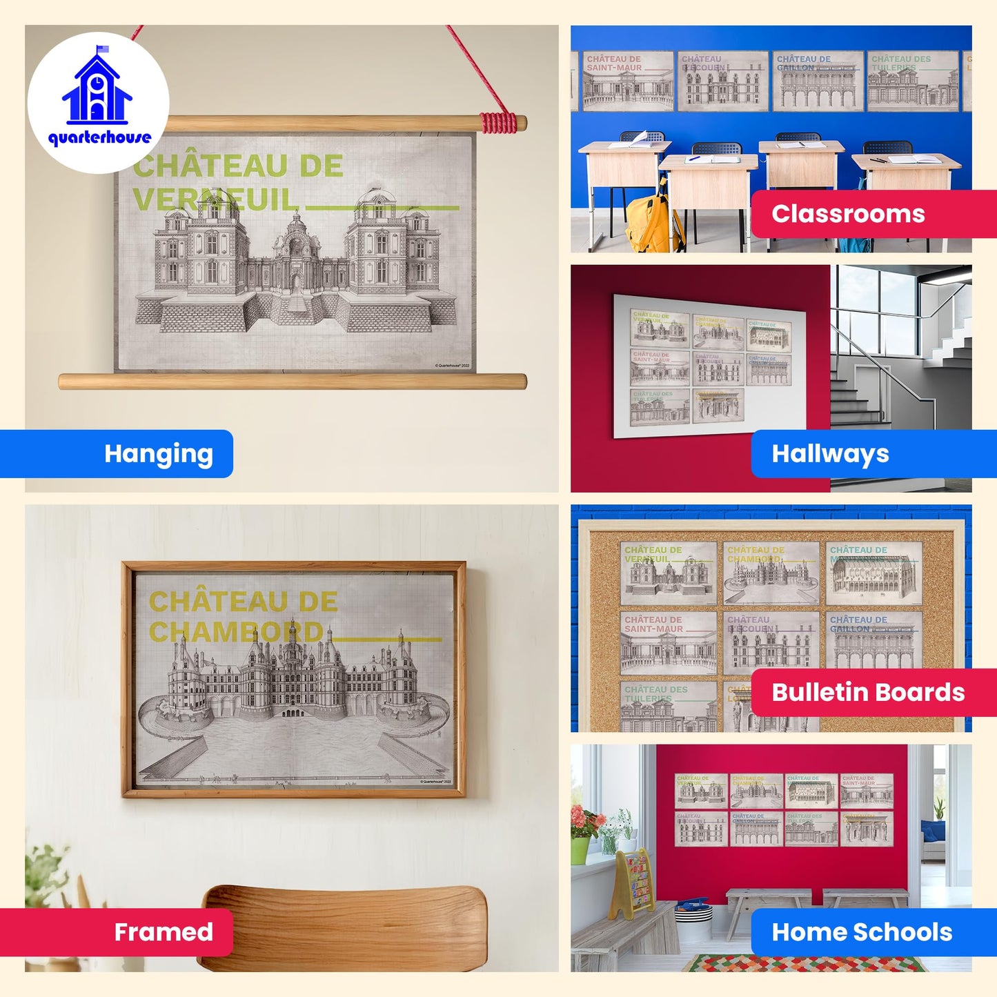Quarterhouse Famous Chateaux of France, Architectural Blueprints Poster Set - Art, Design, and Drafting Classroom Learning Materials for K-12 Students and Teachers, Set of 8, 12 x 18 Inches, Extra Durable