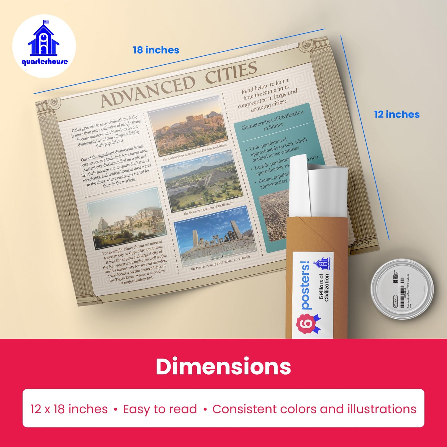 Quarterhouse 5 Pillars of Civilization Poster Set, US History and Civics Classroom Learning Materials for K-12 Students and Teachers, Set of 6, 12 x 18 Inches, Extra Durable