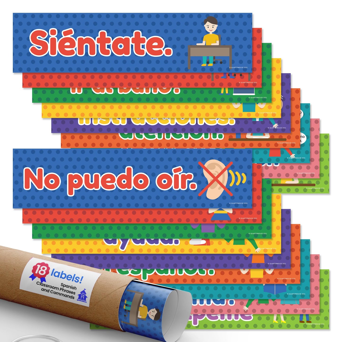 Quarterhouse Spanish Classroom Phrases and Commands Label Set, Spanish - ESL Classroom Learning Materials for K-12 Students and Teachers, Set of 18, 12 x 3 Inches, Extra Durable