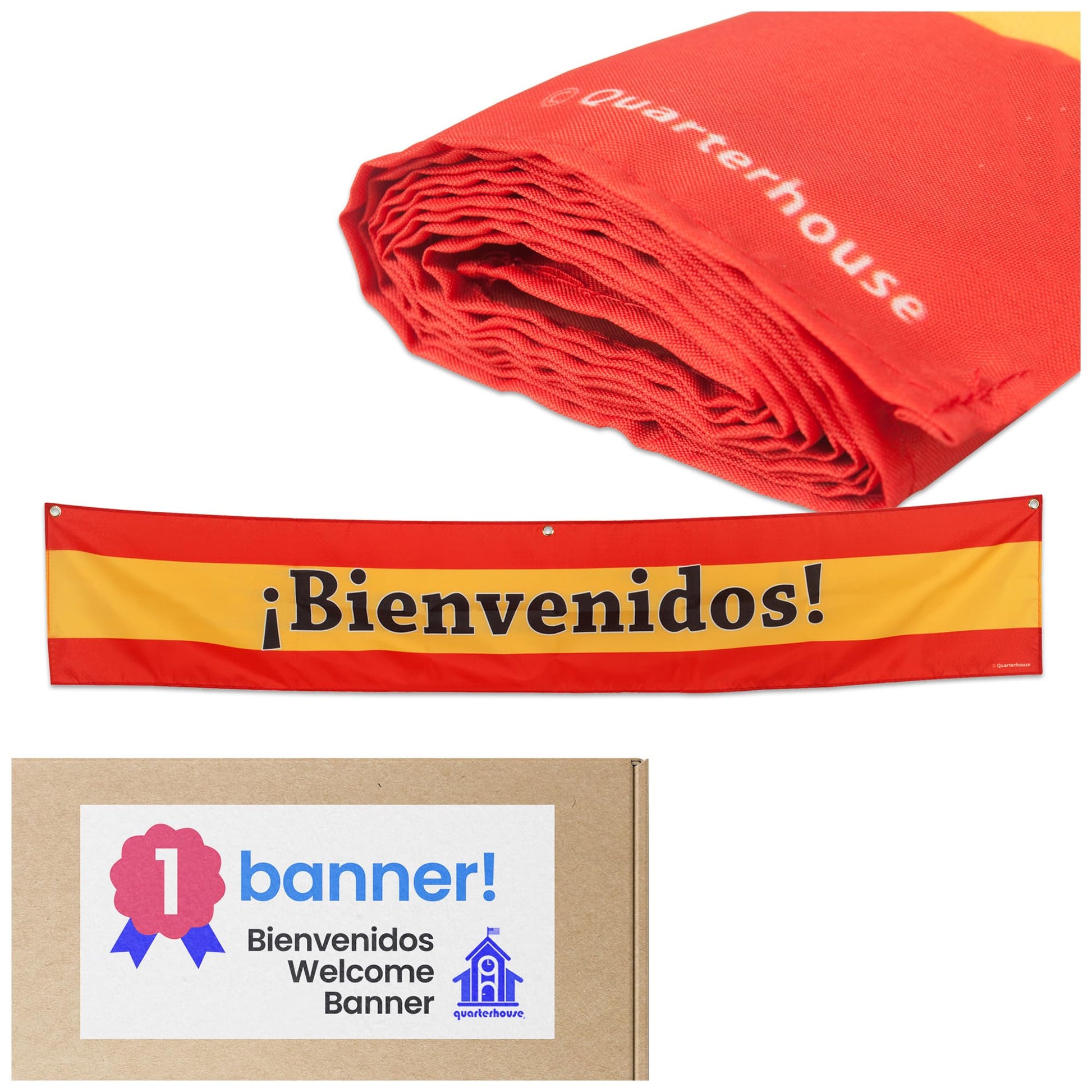 Quarterhouse Bienvenidos Welcome Banner for Spanish Classrooms, Businesses, & Special Events - Spanish Flag (Yellow & Red) Background - Polyester, 60 x 10 Inches