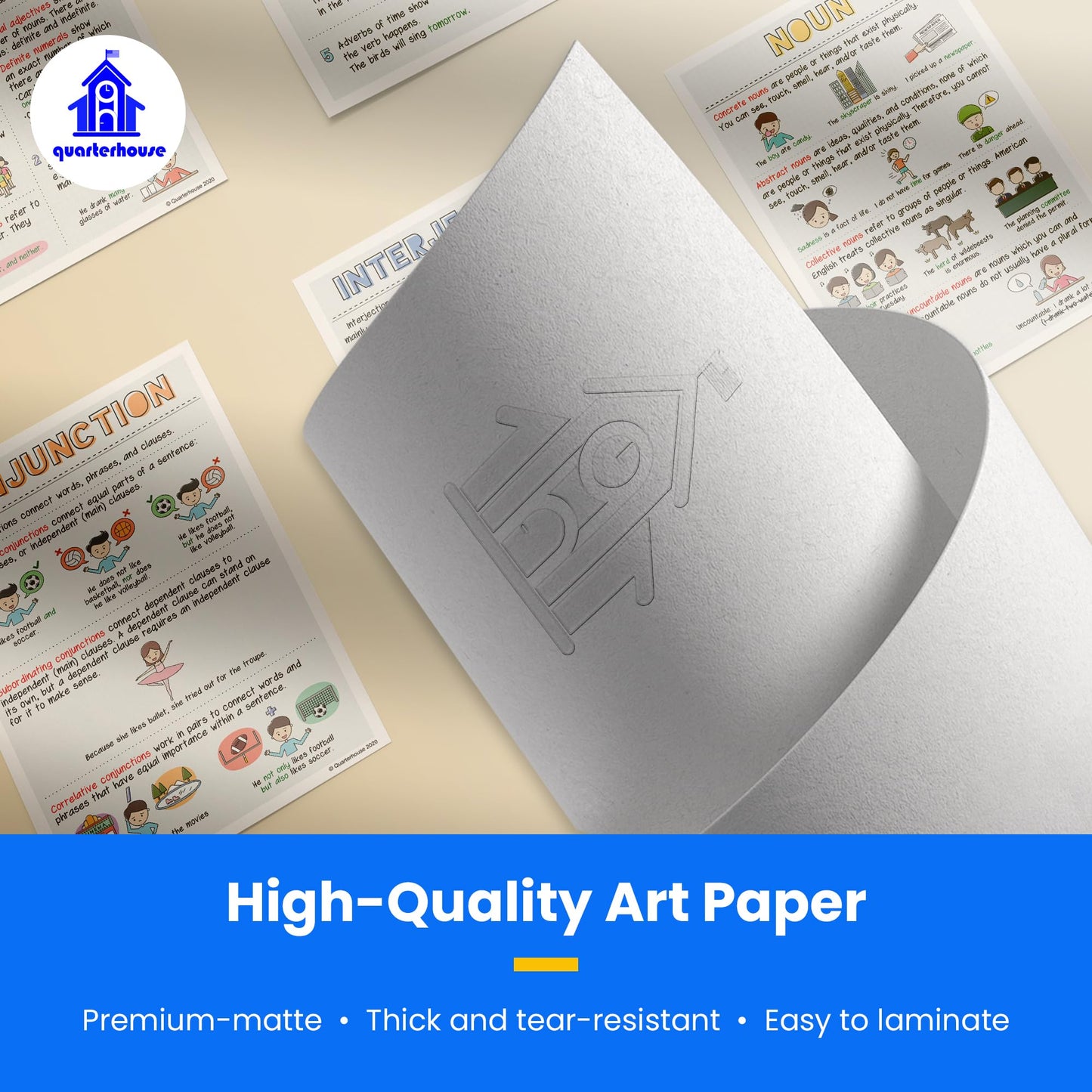 Quarterhouse Parts of Speech Poster Set, English-Language Arts Classroom Learning Materials for K-12 Students and Teachers, Set of 8, 12 x 18 Inches, Extra Durable