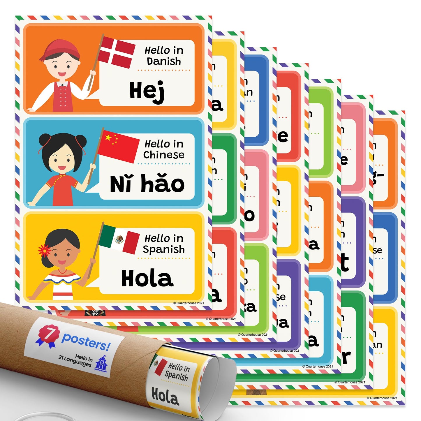 Quarterhouse Hello in 21 Languages Poster Set, Foreign Language - ESL Classroom Learning Materials for K-12 Students and Teachers, Set of 7, 12 x 18 Inches, Extra Durable
