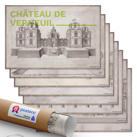 Quarterhouse Famous Chateaux of France, Architectural Blueprints Poster Set - Art, Design, and Drafting Classroom Learning Materials for K-12 Students and Teachers, Set of 8, 12 x 18 Inches, Extra Durable