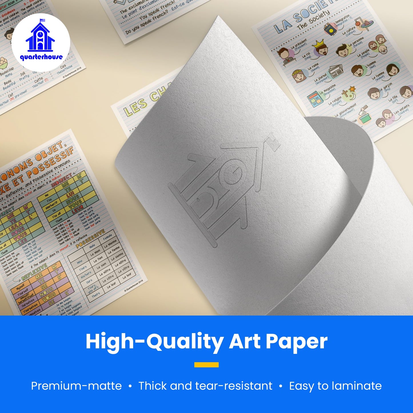 Quarterhouse French Verbs & Beginner Vocabulary (Set G) Poster Set, French Classroom Learning Materials for K-12 Students and Teachers, Set of 11, 12 x 18 Inches, Extra Durable