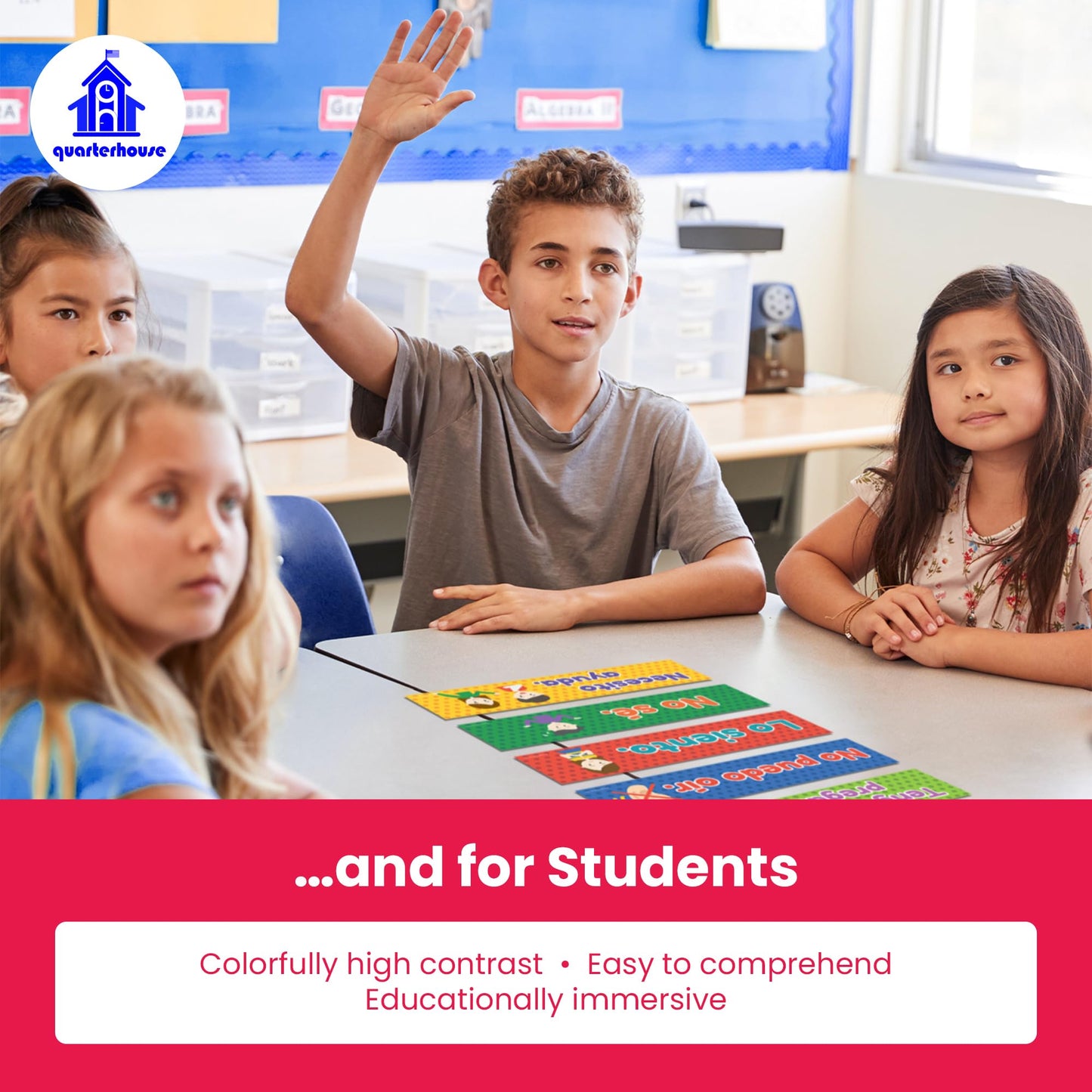 Quarterhouse Spanish Classroom Phrases and Commands Label Set, Spanish - ESL Classroom Learning Materials for K-12 Students and Teachers, Set of 18, 12 x 3 Inches, Extra Durable