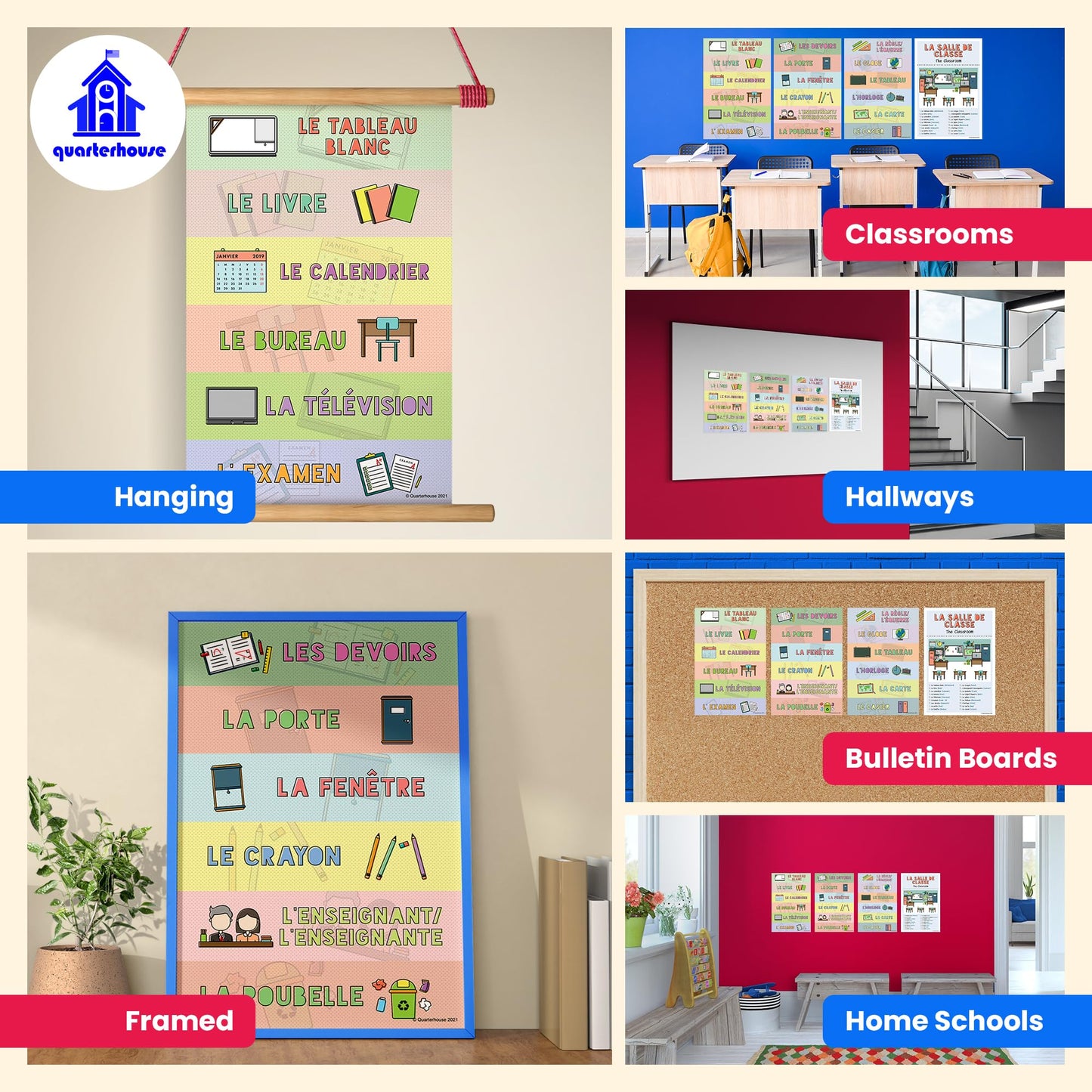 Quarterhouse Common Classroom Items (French) Poster Set, French - ESL Classroom Learning Materials for K-12 Students and Teachers, Set of 4, 12 x 18 Inches, Extra Durable