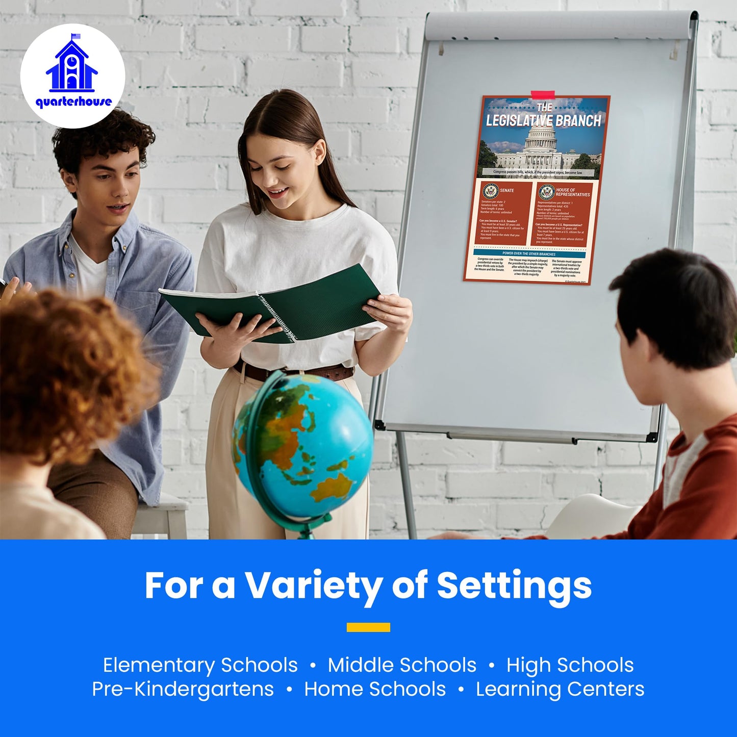 Quarterhouse Three Branches of US Government: Checks and Balances Poster Set, Social Studies Classroom Learning Materials for K-12 Students and Teachers, Set of 4, 12 x 18 Inches, Extra Durable