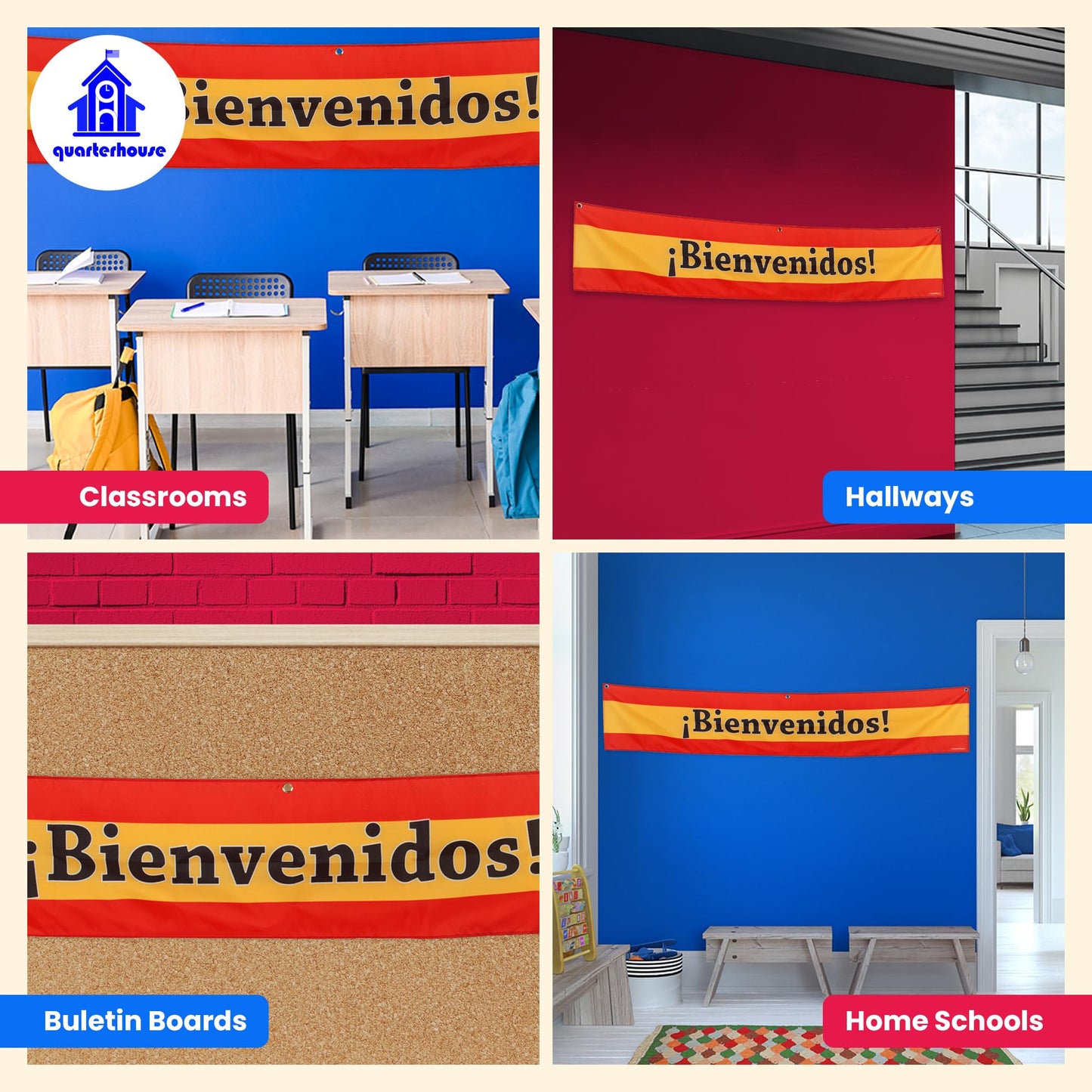 Quarterhouse Bienvenidos Welcome Banner for Spanish Classrooms, Businesses, & Special Events - Spanish Flag (Yellow & Red) Background - Polyester, 60 x 10 Inches