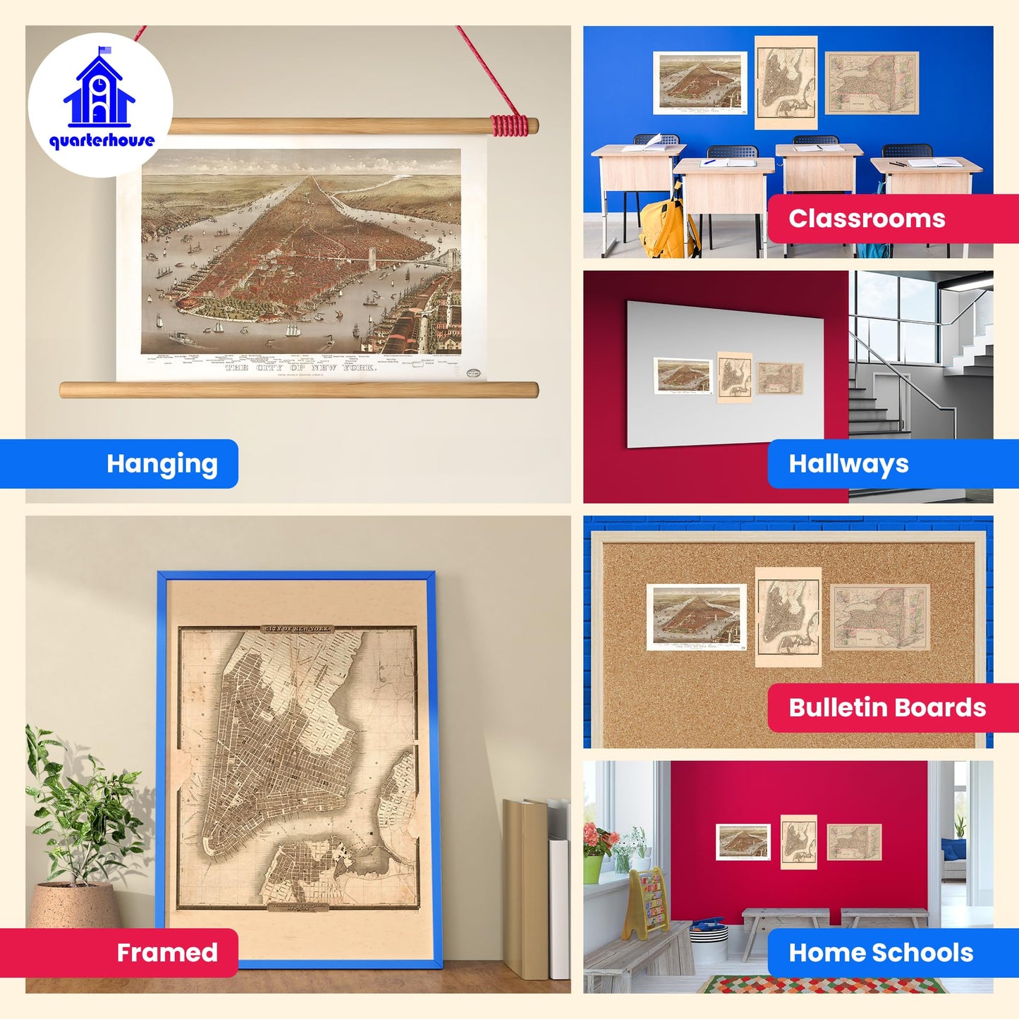 Quarterhouse Vintage New York Maps (Set A) Poster Set, Social Studies Classroom Learning Materials for K-12 Students and Teachers, Set of 3, 12 x 18 Inches, Extra Durable