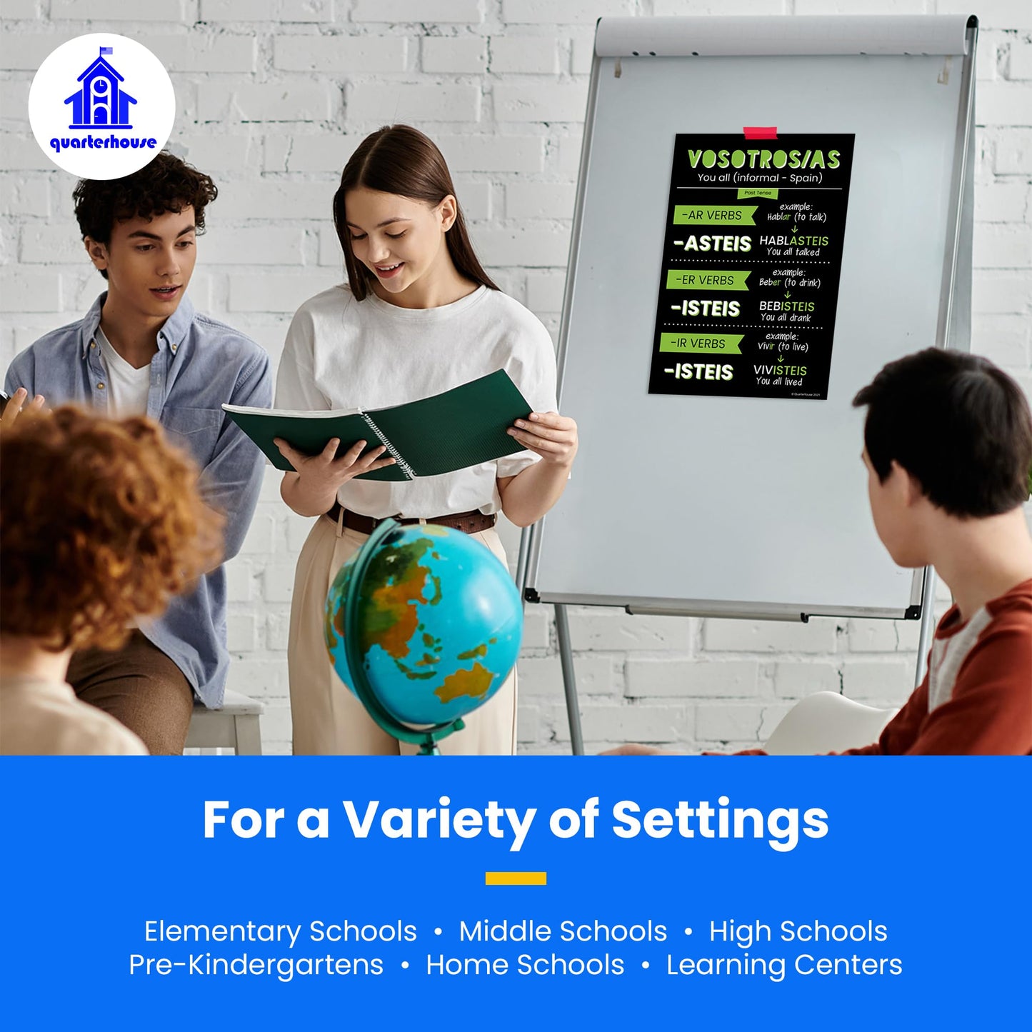 Quarterhouse Spanish Past-Tense Verbs Poster Set, Spanish - ESL Classroom Learning Materials for K-12 Students and Teachers, Set of 7, 12 x 18 Inches, Extra Durable