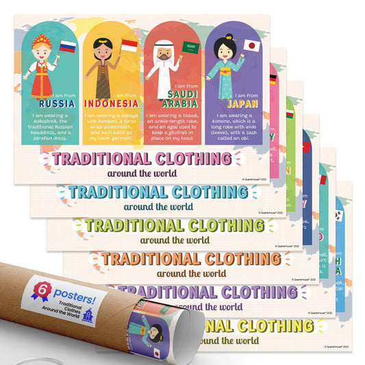 Quarterhouse Traditional Clothes Around the World Poster Set, Social Studies Classroom Learning Materials for K-12 Students and Teachers, Set of 6, 12 x 18 Inches, Extra Durable