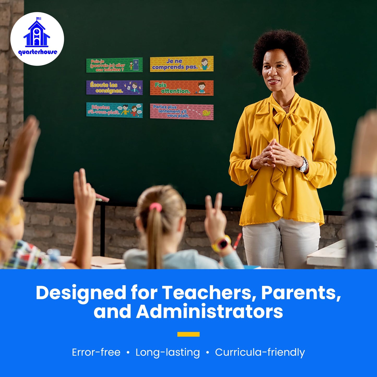 Quarterhouse French Classroom Phrases and Commands Label Set, French - ESL Classroom Learning Materials for K-12 Students and Teachers, Set of 18, 12 x 3 Inches, Extra Durable