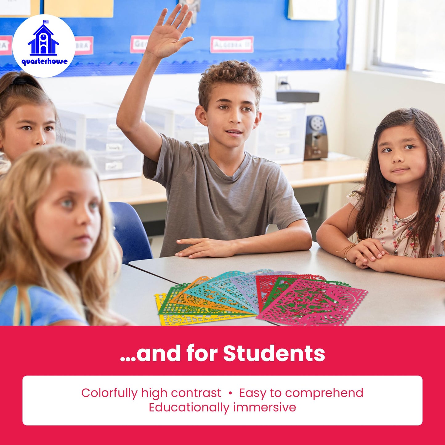 Quarterhouse Papel Picado for Spanish Classrooms and Fiestas, Vivid Colors and Cultural Motifs - 9 Per String - Felt, 8 x 12 Inches