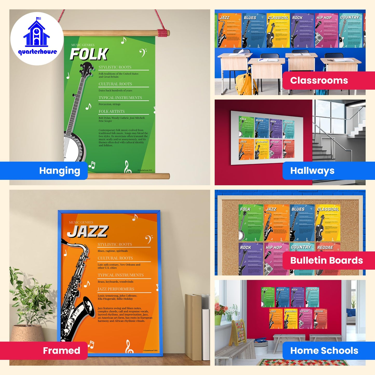 Quarterhouse Music Genres Poster Set, Music Classroom Learning Materials for K-12 Students and Teachers, Set of 8, 12 x 18 Inches, Extra Durable