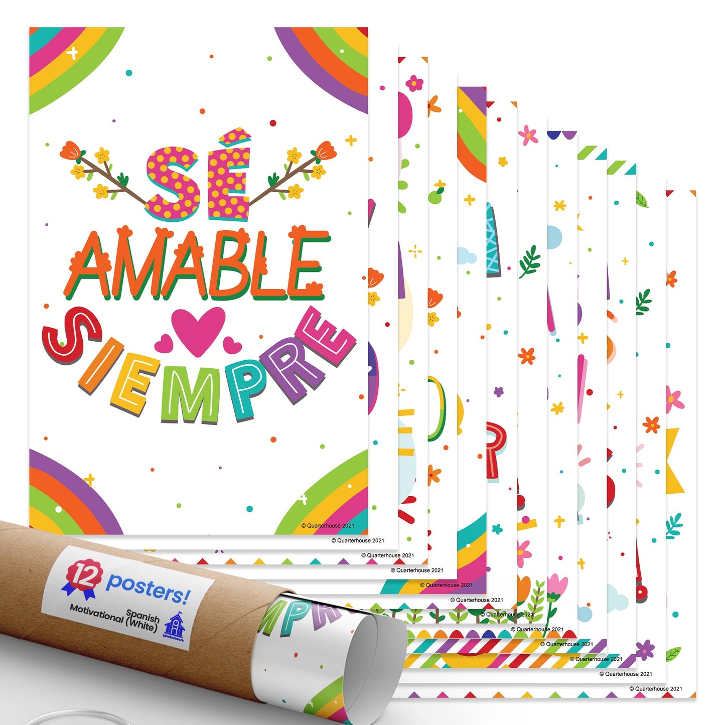 Quarterhouse Spanish Motivational (White) Poster Set, Spanish Classroom Learning Materials for K-12 Students and Teachers, Set of 12, 12 x 18 Inches, Extra Durable