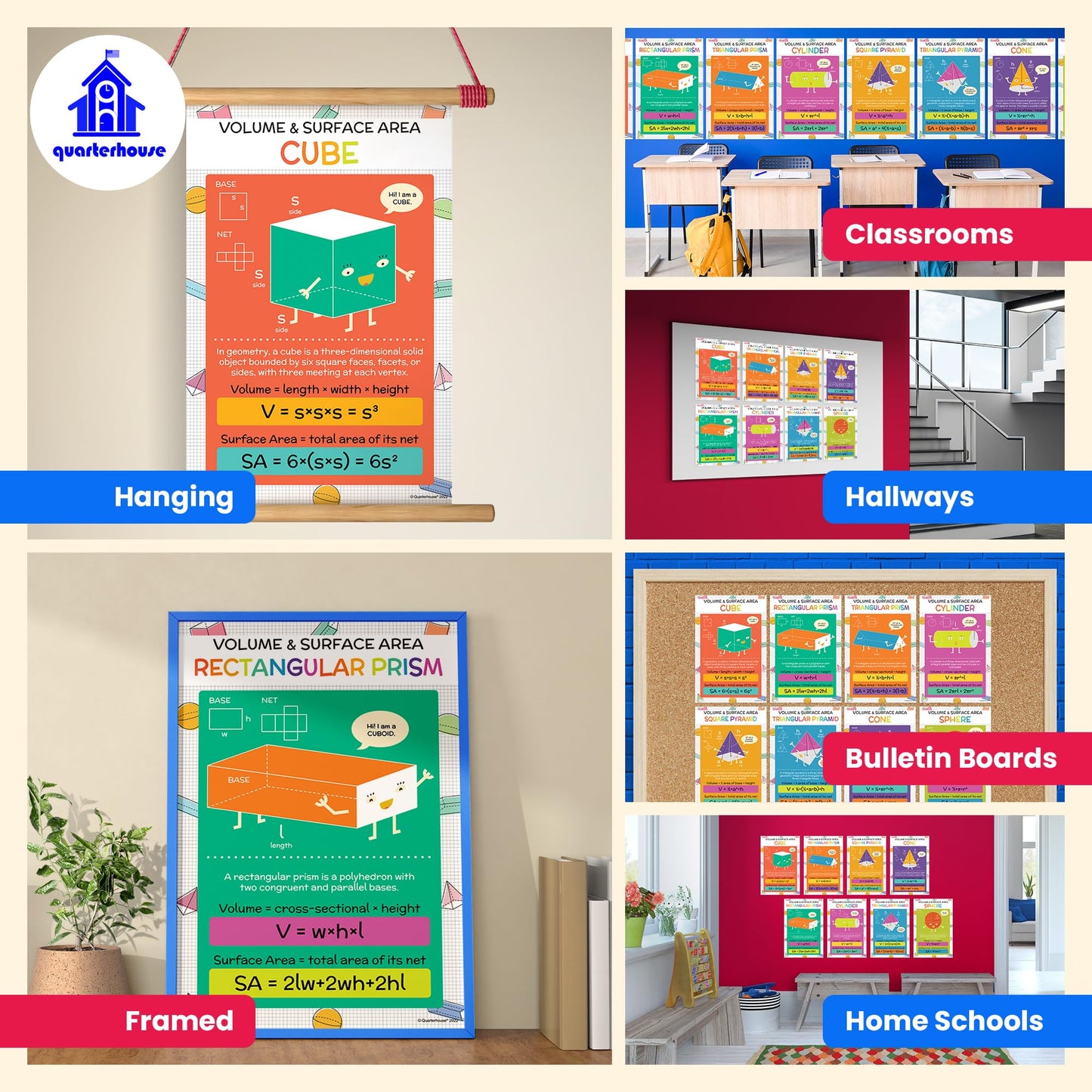 Quarterhouse Volume and Area Poster Set, Math Classroom Learning Materials for K-12 Students and Teachers, Set of 8, 12 x 18 Inches, Extra Durable
