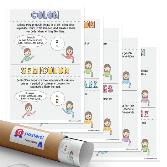 Quarterhouse Punctuation Poster Set, English-Language Arts Classroom Learning Materials for K-12 Students and Teachers, Set of 5, 12 x 18 Inches, Extra Durable