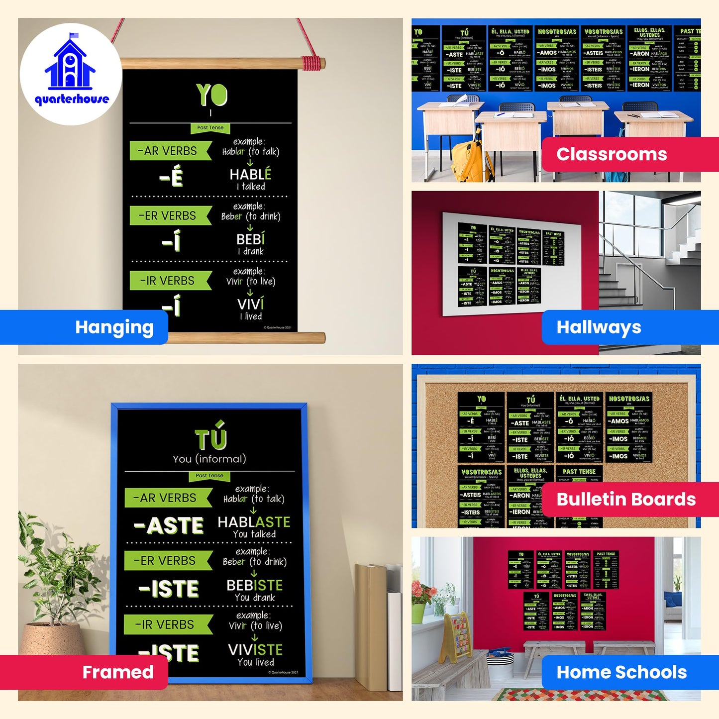 Quarterhouse Spanish Past-Tense Verbs Poster Set, Spanish - ESL Classroom Learning Materials for K-12 Students and Teachers, Set of 7, 12 x 18 Inches, Extra Durable