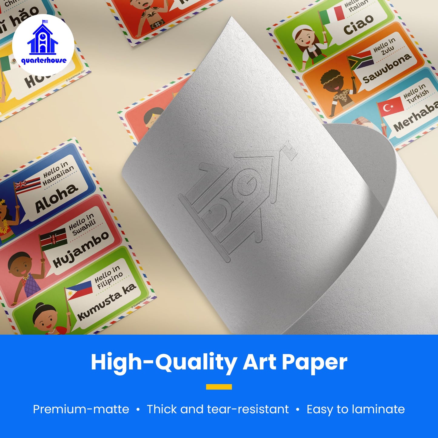 Quarterhouse Hello in 21 Languages Poster Set, Foreign Language - ESL Classroom Learning Materials for K-12 Students and Teachers, Set of 7, 12 x 18 Inches, Extra Durable